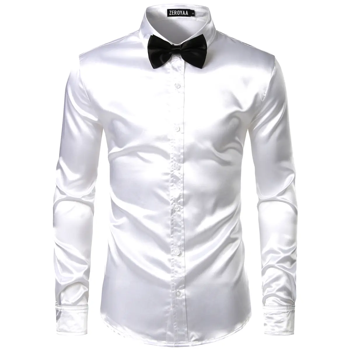 ZEROYAA Men's Luxury Shiny Silk Like Satin Button Up Dress Shirts Soft Polyester Fabric 4th of July Shirt for Men Casual Business Wear Black Long Sleeve,back to school,back to school shopping