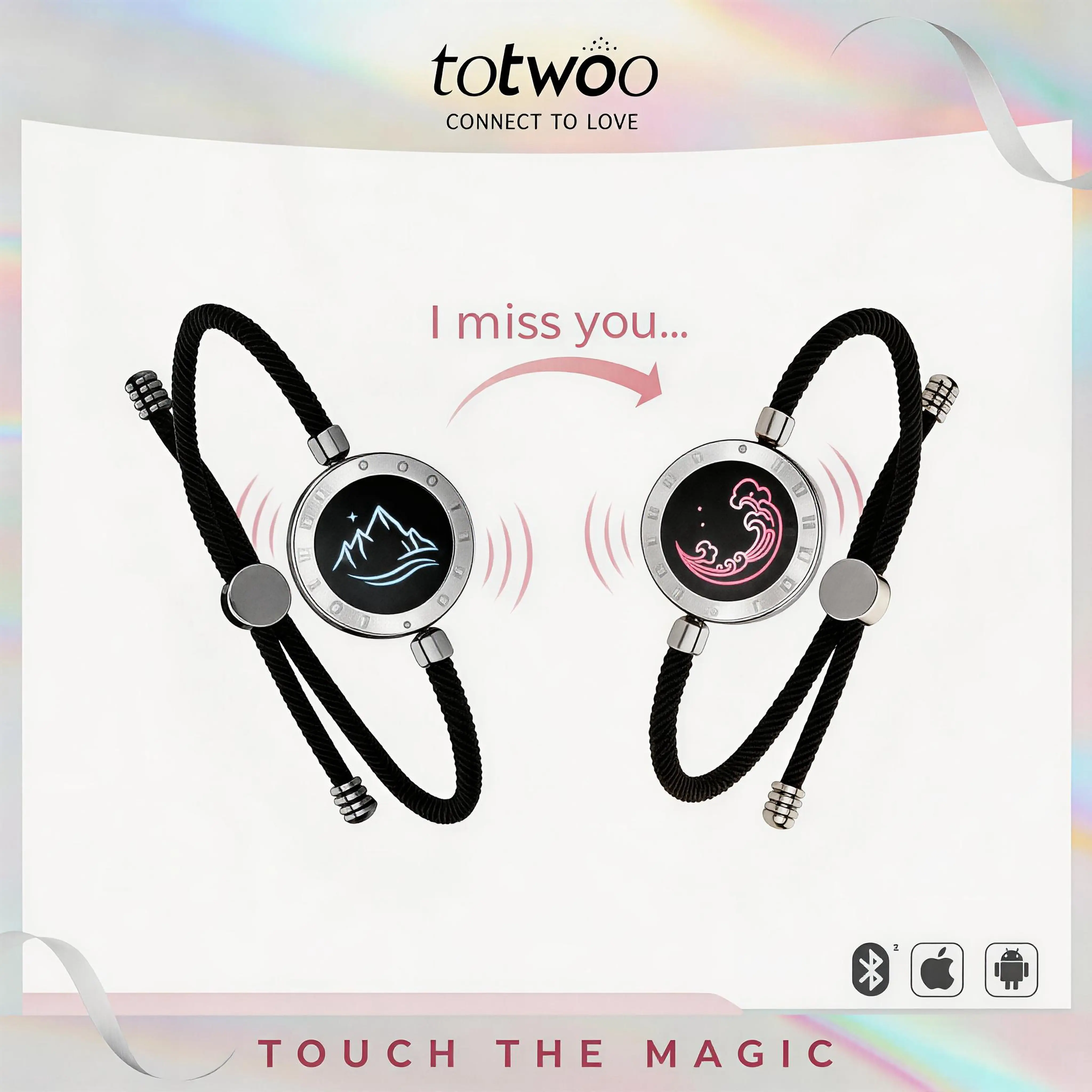 TOTWOO Sun Moon Stars Long Distance Touch Couple Bracelets - Women's Fashion Smart Jewelry, Light-Up & Vibration Features, 1-to-1 Bluetooth App Pairing, All Season Anniversary Romantic Gift
