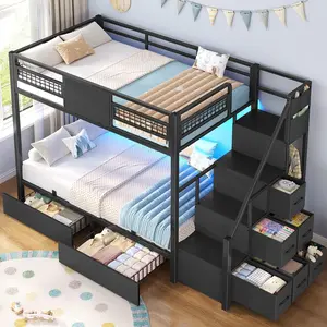 Sikaic Bunk Bed Twin Over Twin with Stairs, LED Lights Twin Bunk Bed with 2 Storage Drawers & 6 Fabric Drawers, Metal Twin Loft Beds with Guardrail & Stairs, Space Saving, Sturdy Frame for Teens