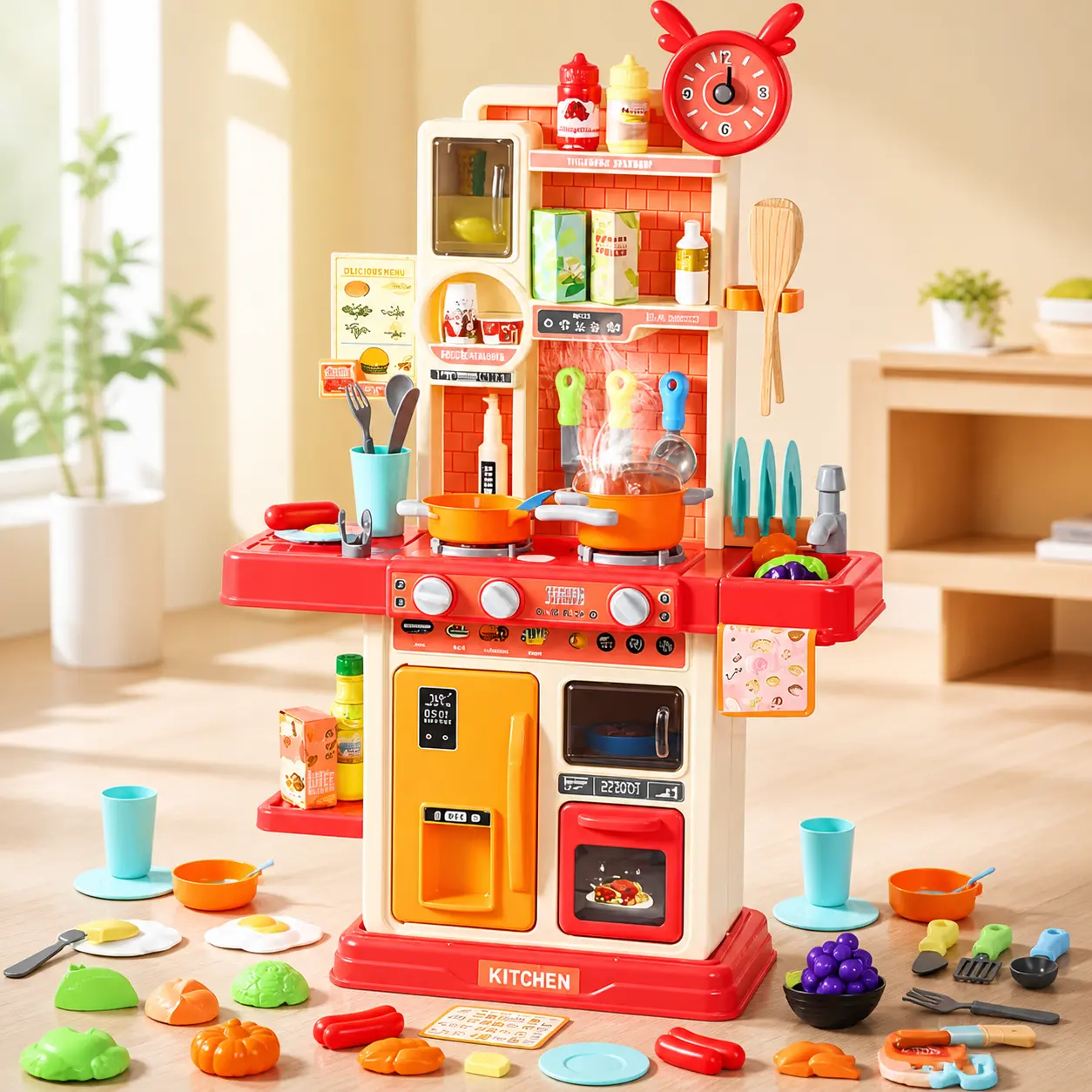 Kids Kitchen Playset for Toddlers, 45 PCS Pretend Kitchen Toy with Play Food, Cooking Utensils, Real Faucet, Steam Effect, Lights & Sounds Role Play Set for Boys Girls