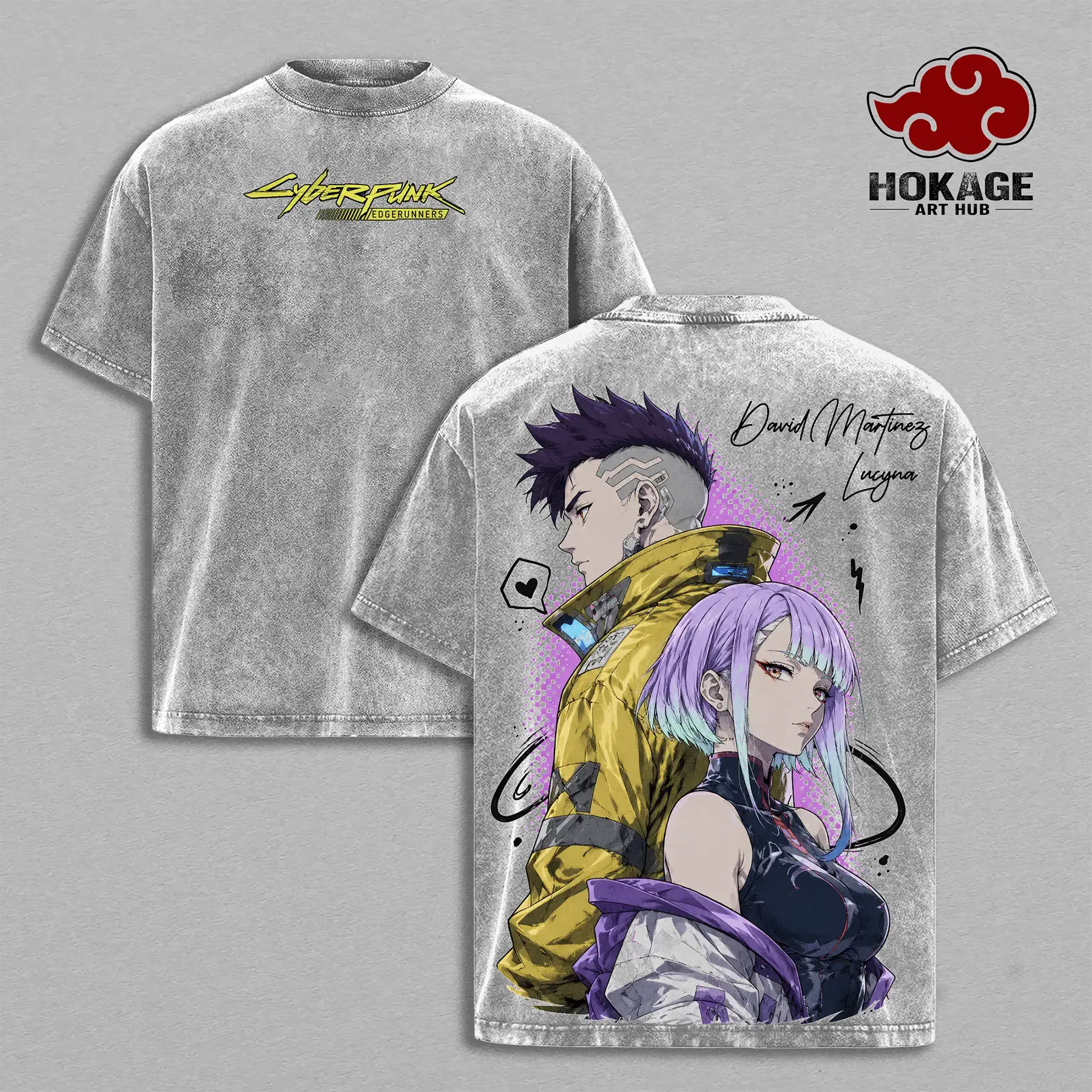 David & Lucy Cyberpunk Edgerunners Double Printed Graphic Tee - Menswear Original Fashion Tops, Vintage Washed Heavy Cotton Oversized Men's Shirt, Gift For Anime Fans, Shortsleeve