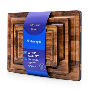 Vegetable Welsteepse 3-Piece Eco-Friendly Bamboo Cutting Board Set – Deep Carbonized Chopping Boards Cheeese Boards, with Juice Groove, Double Side Uses Wooden Butcher Block Kitchenware Stylish Oil