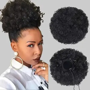 Afro Puff Drawstring Ponytail Extension for Black Women, Premium Black 1B# 80gram Short Synthetic Afro Puff Ponytail for Natural Hair,Clip On Kinky Drawstring Curly Ponytail Bun