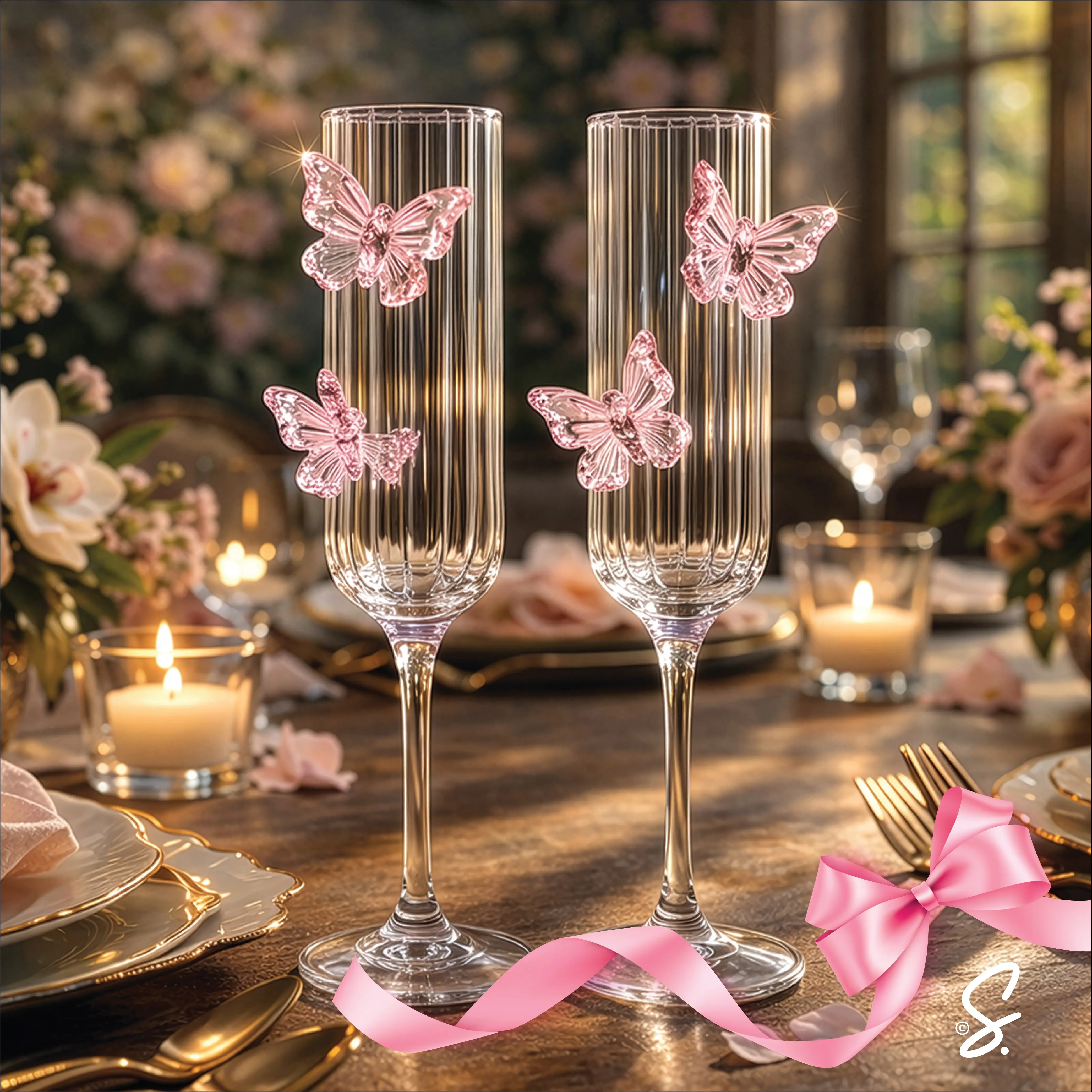 Butterfly Champagne Flute Set - Fairy Glassware Tableware, Whimsical Boho Wedding Toasting Glasses - Set of 2
