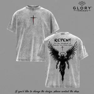 Repent Vintage Washed Oversized Christian T-Shirt, Angel Wings Faith Graphic Tee, “Kingdom of Heaven Has Come Near” Gospel Streetwear Top, Heavy Cotton Unisex Retro Worship Shirt