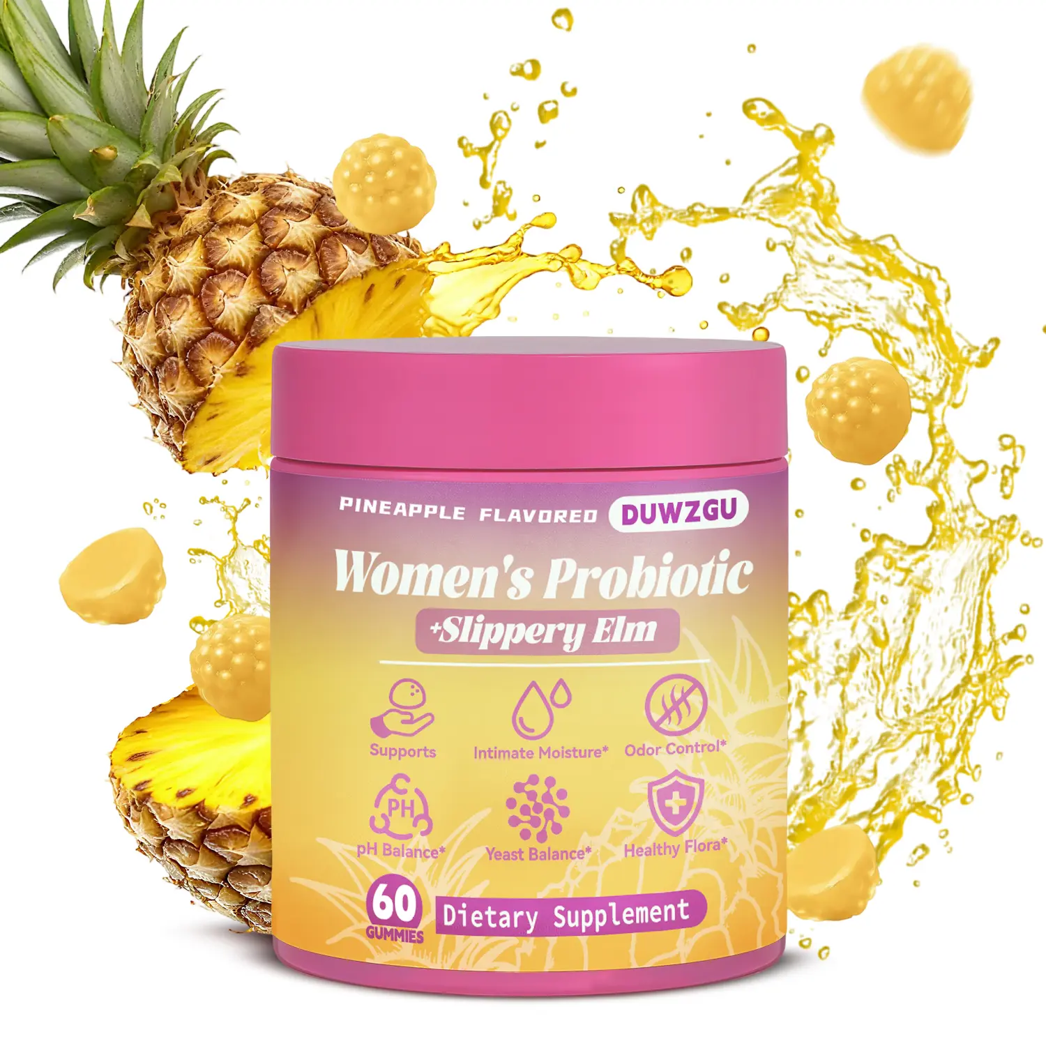 Feminine Probiotics Gummies for pH Balance & Dryness Relief with Slippery Elm Prebiotic Probiotic Blend Supplement Edible