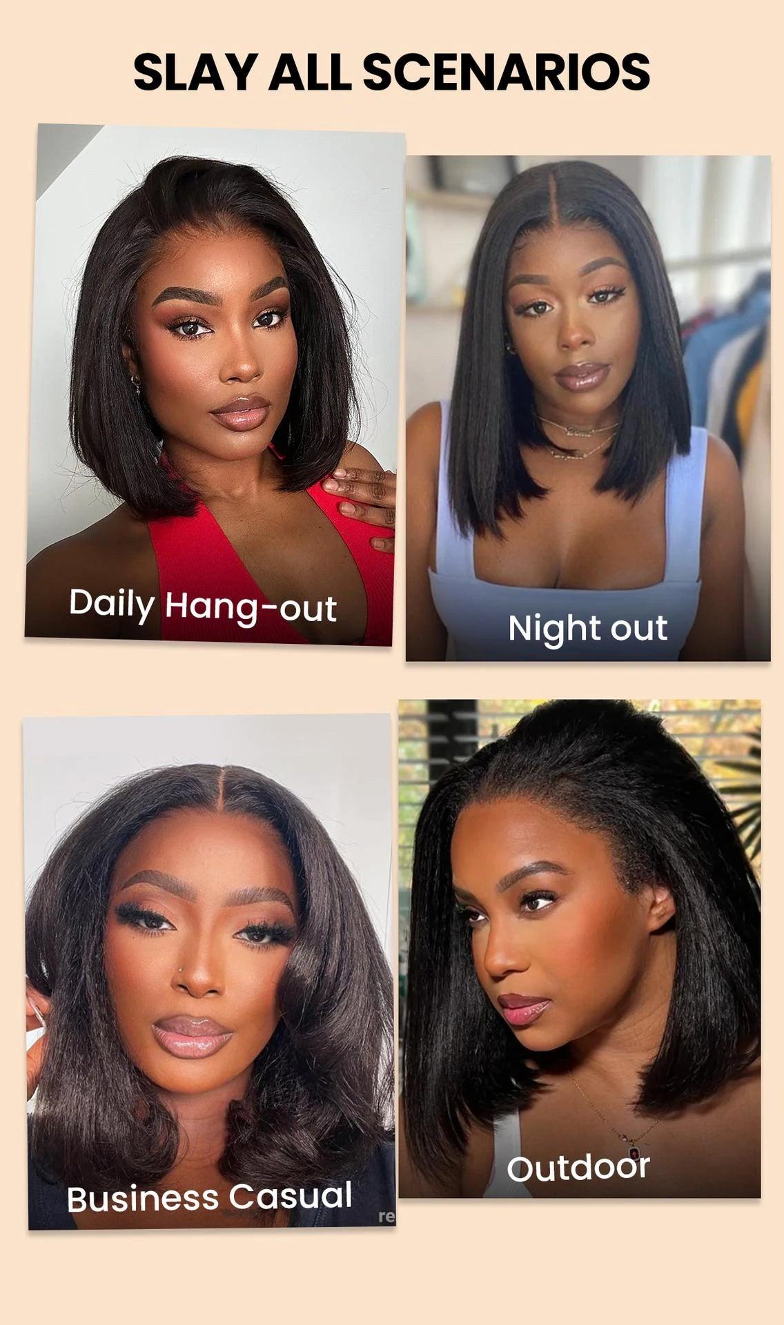 Wear & Go Yaki Straight Glueless Bob Wig Pull Go Pre Cut Lace Wig Natural Human Hair Wig Pre-Everything Wig #1B 180% Density Glueless Lace Black Yaki Bob Bleached Knots Wig SpringStatements