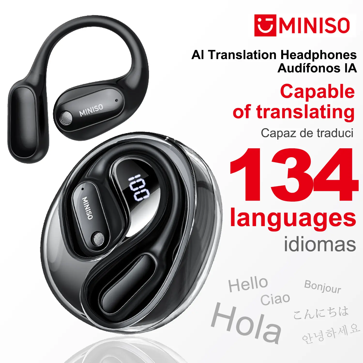 MINISO MS190 AI Translation Headphones, Bluetooth 6.0 Earbuds with Real-Time & Multi-Language Voice Activation (134 Languages via APP), IPX5 Waterproof Sports Earbuds for Music & Calls, Long Endurance, Bluetooth Earbuds