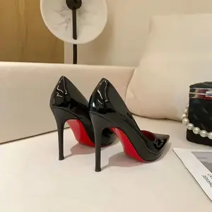 New Autumn Black Patent Leather Pointed Women's High Heels for Dresses & Walking Comfortable Slim Heels for Elegant Outfits.