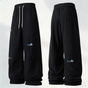 New men's black corduroy wide-leg embroidered casual pants in spring and autumn, retro casual style, fun small embroidery on the side, wide-leg vertical version, suitable for men who pursue retro relaxation for daily commuting fathersdaygift