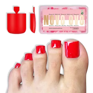 NOVO OVO Red Toe Nail Tips Square - 240Pcs Soft Gel Press on Toenails, Solid Red Full Cover Fake Nails for Pedicure, PMMA Acrylic False Toe Nails Extension Kit (15 Sizes, Wide Fit for Big Toes)