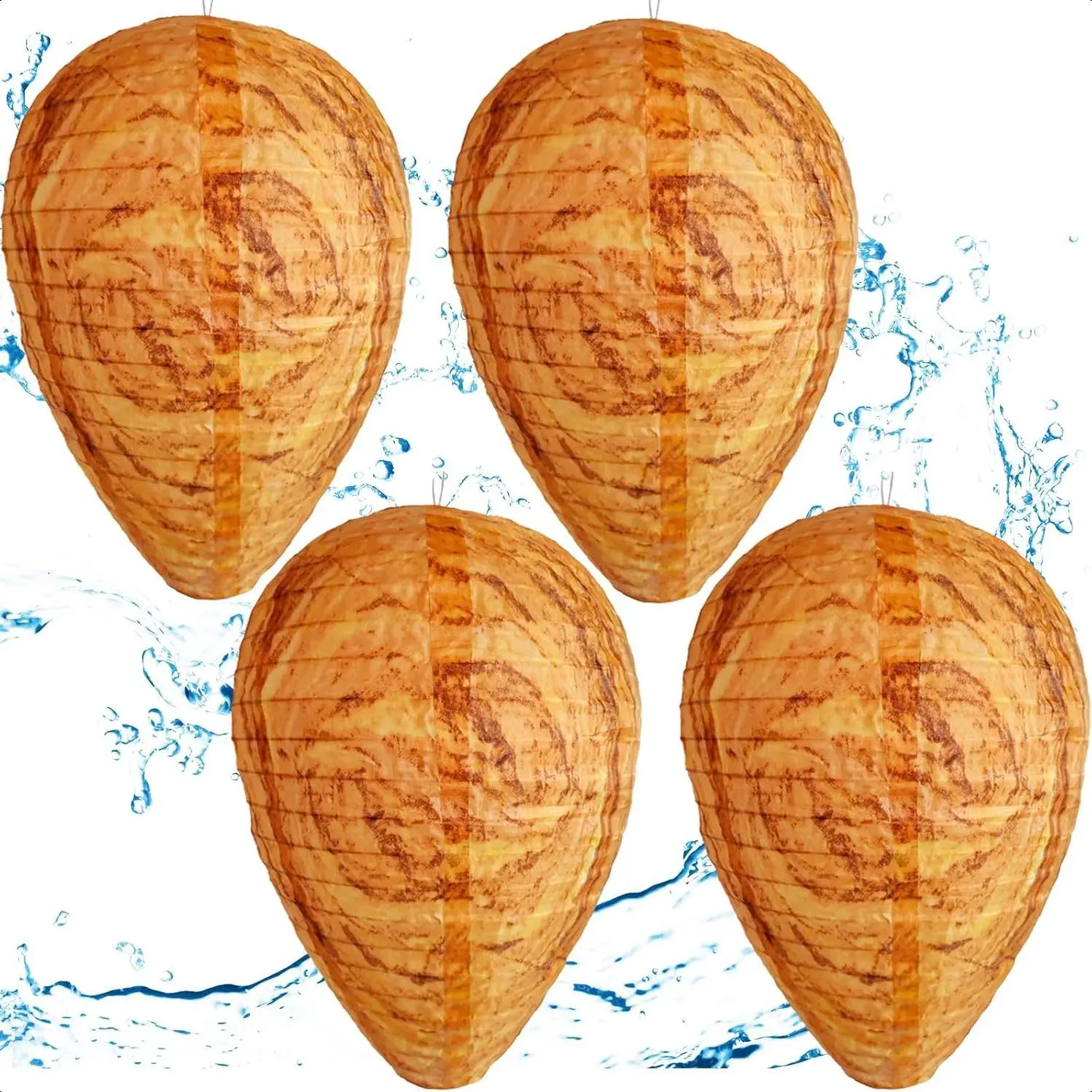 4-Pack Outdoor Hanging Wasp Decoy with Brackets, 11" x 8.7" Realistic Fake Hornet Nest, Family-Safe Non-Toxic Eco-Friendly Repellent, Deters Hornets for Outdoor Pest Control, Patio & Garden Supplies Decor, Realistic Look