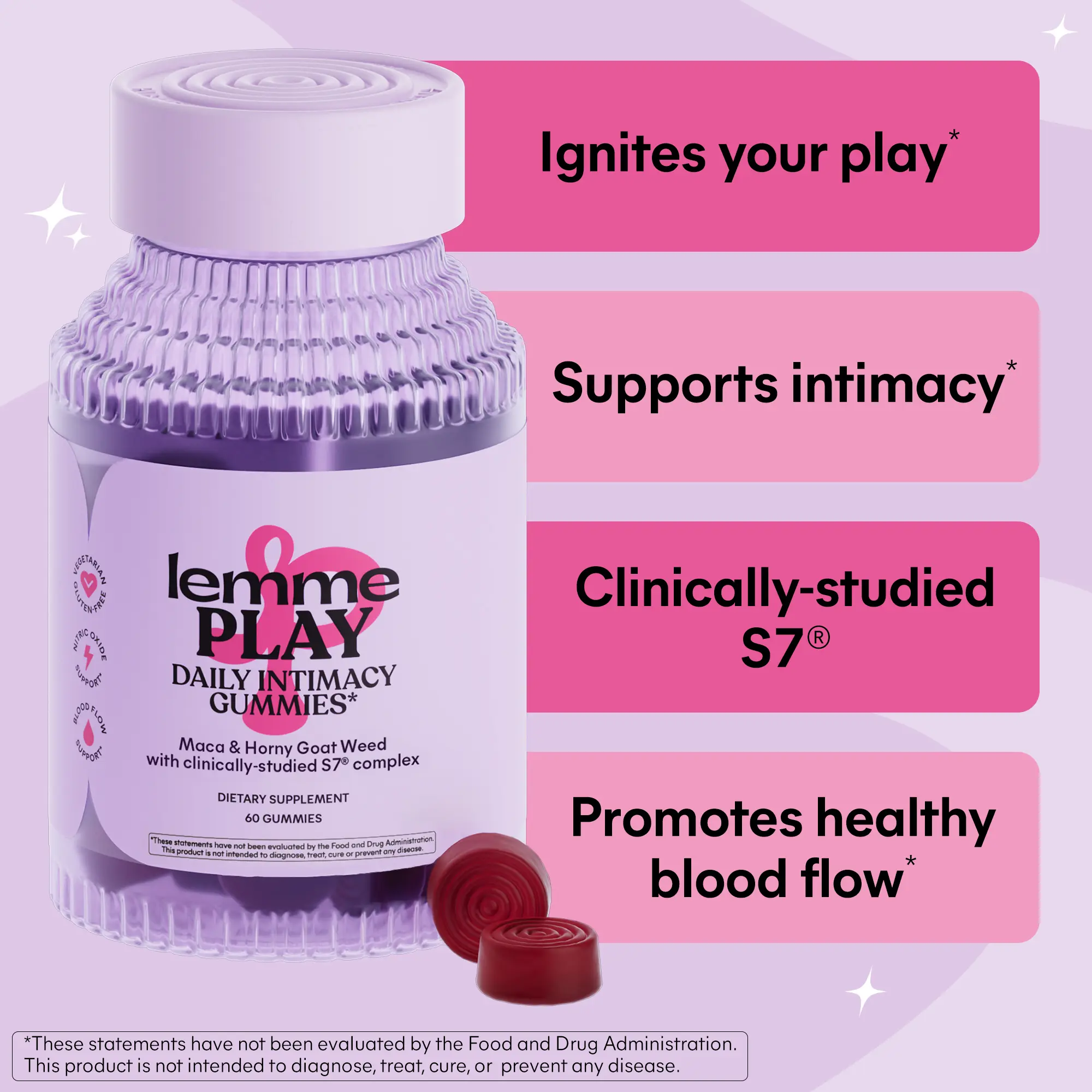 Lemme Play Daily Intimacy Gummies for Women and Men w/Clinically-Studied S7 Nitric Oxide Complex for Healthy Blood Flow, Maca Root, Goat Weed - Cherry Flavored (60 Count)