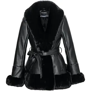 Women's Faux Leather with Faux Fur Collar, Winter Long Sleeve Furry Trim Peplum Parka Coat with Belt