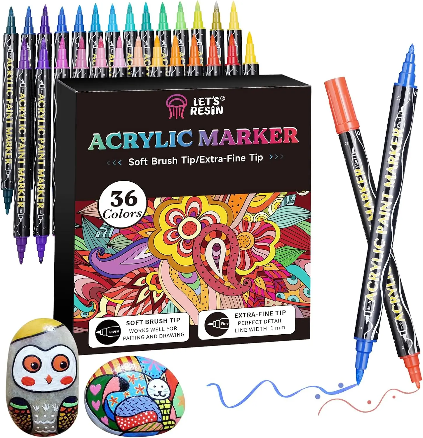 36-Colors Acrylic Paint Pens Markers, Dual Tip Fine&Brush Paint Markers, Strong Coverage Bright Colors Paint Pens for Rocks, Canvas, Wood, Glass, Fabric, Plastic, Acrylic Paint Set - LET'S RESIN