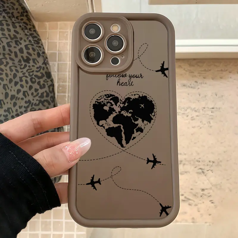 Travel Wanderlust Heart World Map Airplane Print Brown Matte High Bumper TPU Customized iPhone Case - Shockproof Smartphone Shell, Protection Accessories for iPhone 17,17 Air,17E,16,15,14 Plus,13,12,11 Pro Max