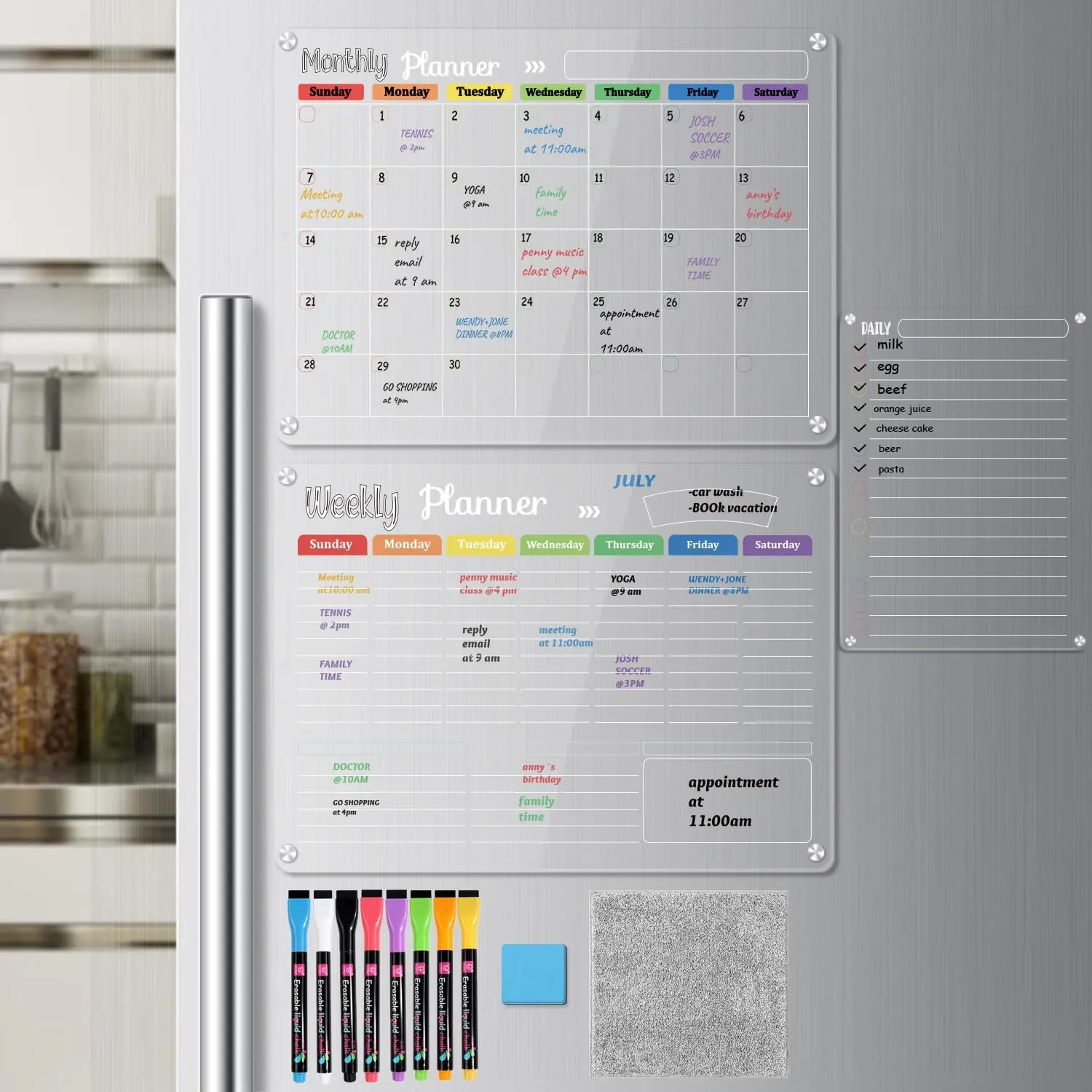 QIUCHAN 3-Piece Modern Acrylic Magnetic Dry Erase Calendar Board Set - 16.5x11.8", Easy to Write & Erase, Magnetic Hold for Refrigerator, Monthly/Weekly/Daily Planners for Busy Families' Time Management (Office Stationery Organizer)
