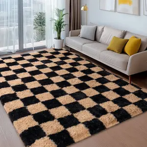 Checkered Fluffy Plush Rugs, Soft Shaggy Fuzzy Throw Cute Large Area Silky Rug for Living Room Bedroom Girls, Pastel Plush Nursery Toddler Kids Dorm Floor Carpets Home Decor , Non Slip Washable Easy Clean Durable, High Traffic, Pet-Friendly, Non-Shedding