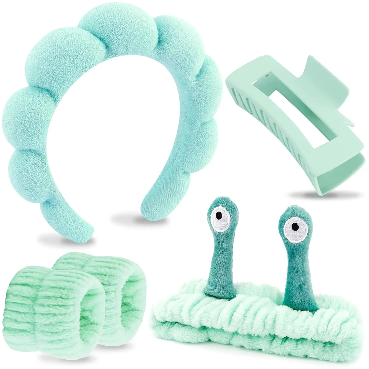 Spa Headband Set for Makeup & Skincare 5 Pcs Sponge Headbands Snail Hairband Facial Wristband Light Green Trendy Hair Accessories for Teen Girls Women