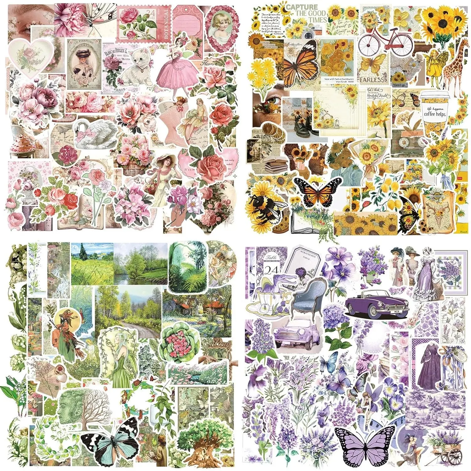 Vintage Aesthetic 400-Piece DIY Scrapbooking Kit for Teens - Office Stationery Supplies with Cottagecore Decorative Stickers (Butterflies, Plants, Mushrooms), Adhesive Washi Tape, Ephemera, Sticker Paper, Opaque Matte Paper, Bullet Journals, Diy Kit, 400