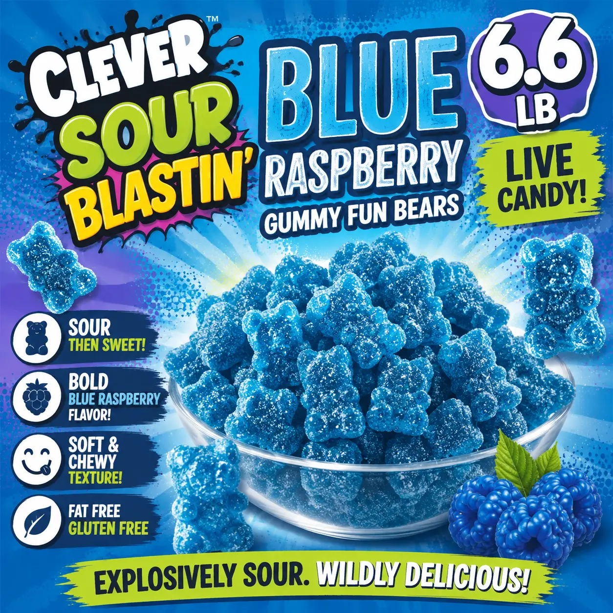 Clever Sour Blastin Blue Raspberry Gummy Fun Bears 6.6 lb  Sour Gummy Bears Candy | Bulk Chewy Candy for Parties & Candy Buffets