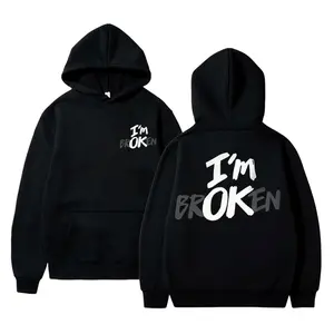 Retro I’m Broken Hoodie – Minimal Quote Graphic Black Pullover, Emotional Streetwear Unisex Hoodie for Gen Z