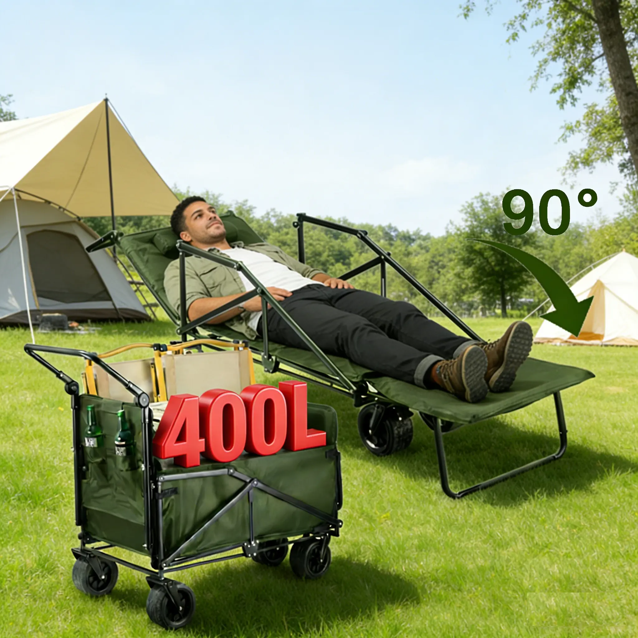 Foldable Oxford Cloth Camping Wagon for Adults - Father's Day Gift, Quick-Fold 2-in-1 Utility Cart & Reclining Lounge Chair with Adjustable Recline Angle, 400L Capacity, 400 lbs Load, 3x Weight Support, All-Terrain Wheels for Camping, Outdoor Events