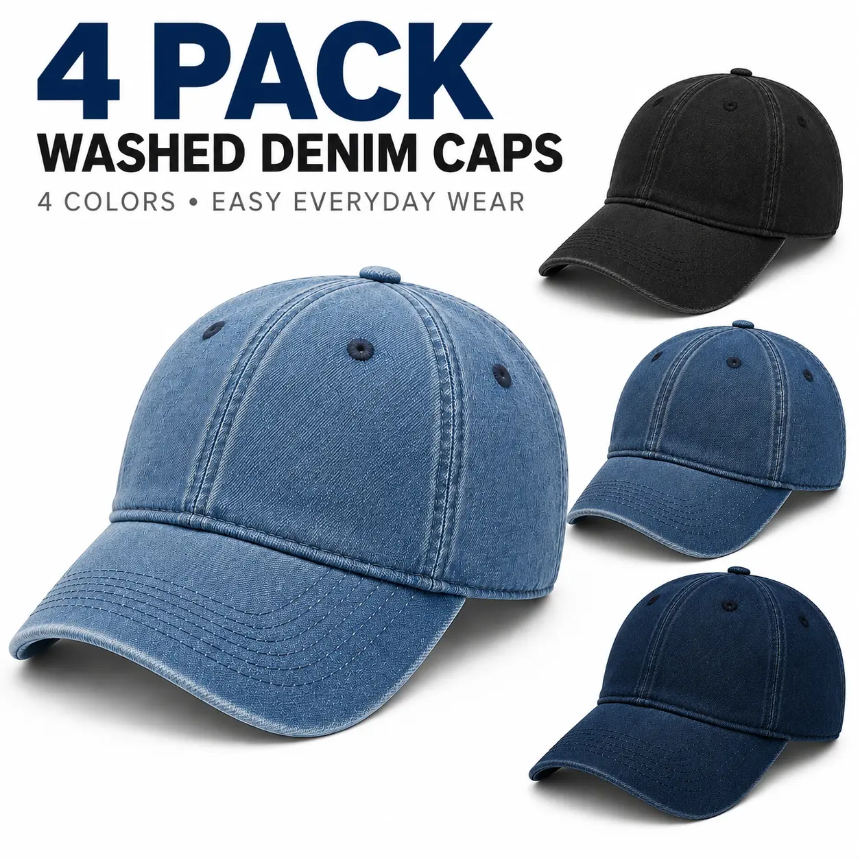 4 Pack Vintage Washed Baseball Caps, Adjustable Denim Dad Hats for Men Women, Distressed Retro Casual Everyday Hat Set, trucker hat