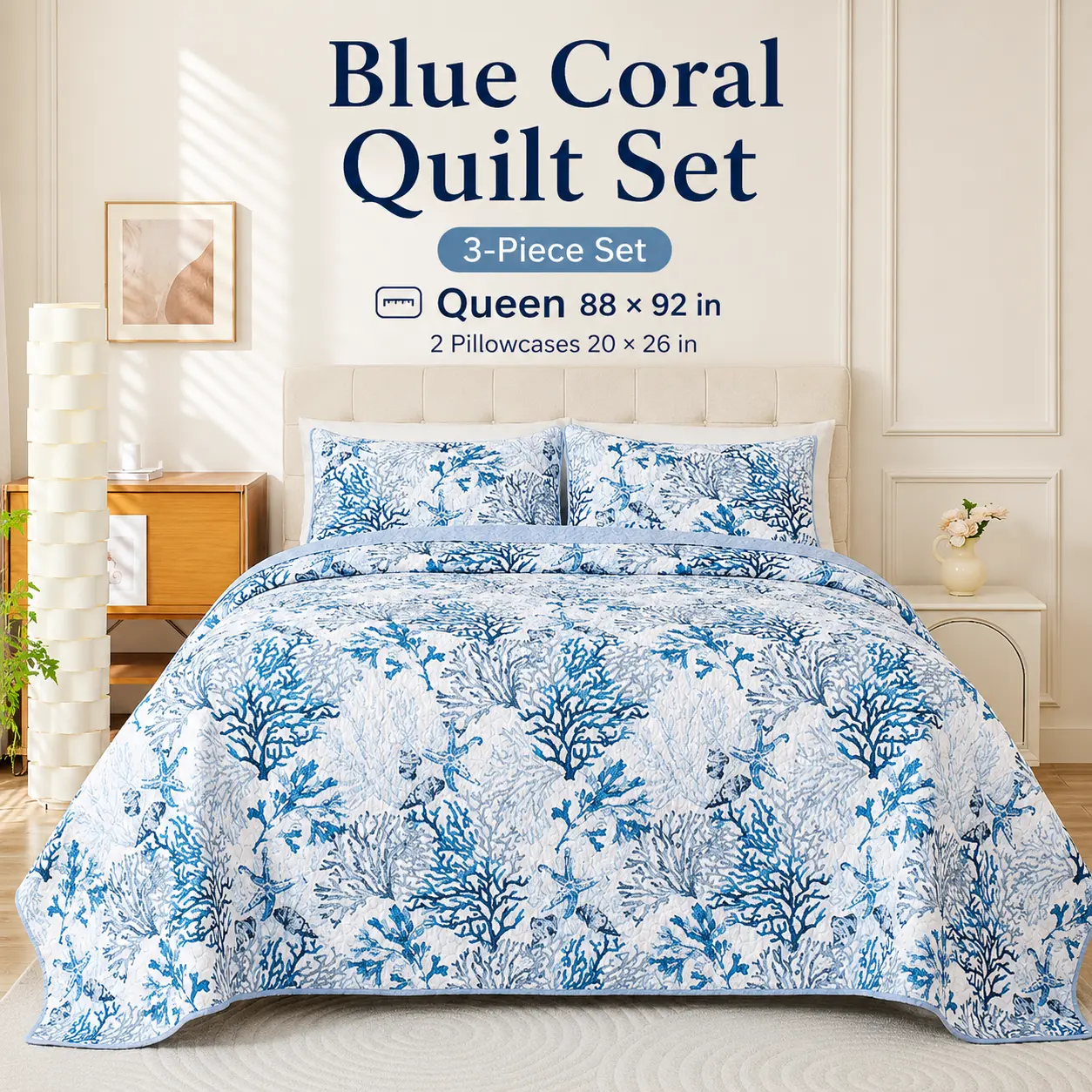Queen Size 3-Piece Blue Coral Coastal Bedding Set - 100% Polyester, 1 Quilt (88x92 in), 2 Pillow Shams (20x26 in), Ocean Print, Coastal Look, for Bedroom Decor