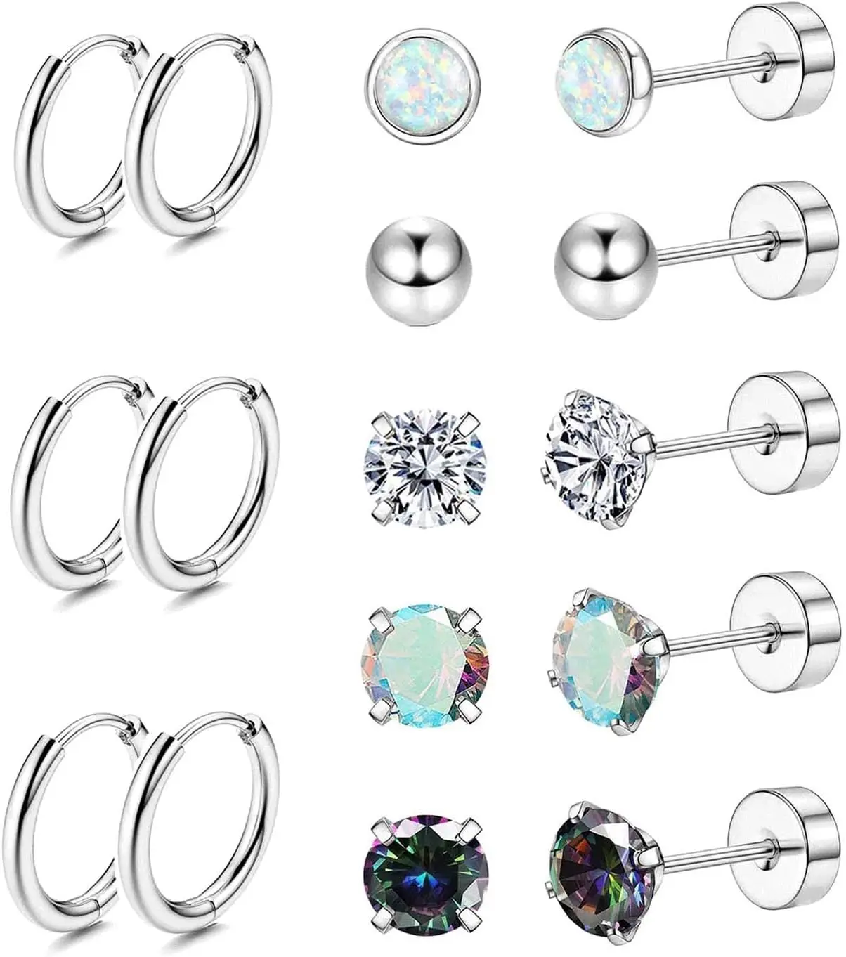 CASSIECA Surgical Steel Earrings for Sensitive Ears Hypoallergenic 20G Stainless Steel Stud Hoop Earrings for Women Men Small Opal Ball CZ Surgical Steel Flat Back Earrings Cartilage Earrings Hoop Stud