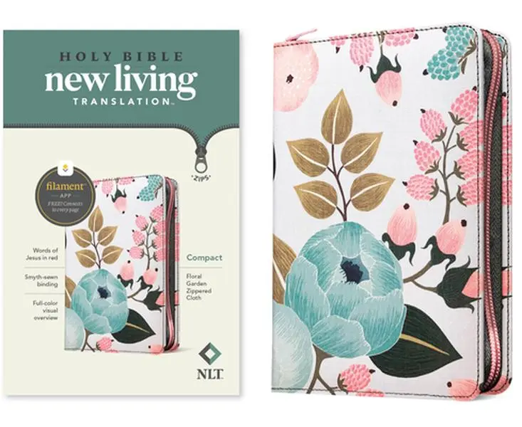 NLT Compact Zipper Bible - New Living Translation, Filament Enabled, Cloth Cover, Floral Garden Design, Red Letter Edition, Tyndale Paperback