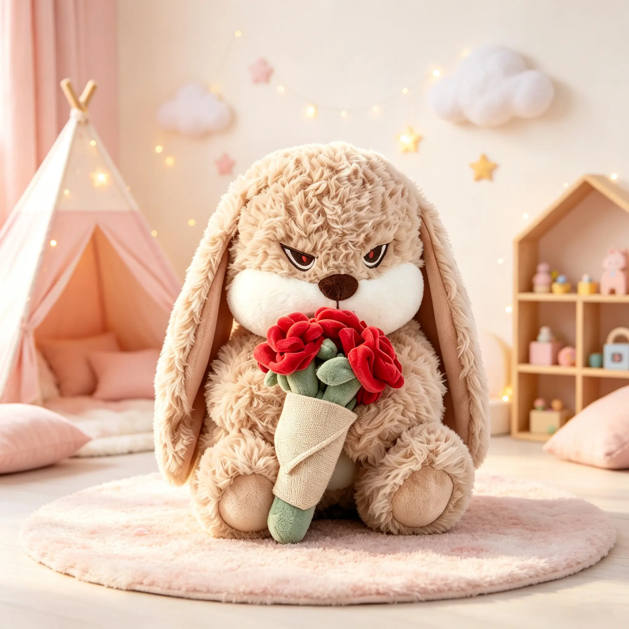 Grumpy Bunny Plush Toy With Red Rose Bouquet, Angry Face Fluffy Lop Ear Rabbit Stuffed Animal, Cute Valentines Gift For Girlfriend, Soft Huggable Bunny Doll Romantic Anniversary Present Home Decor