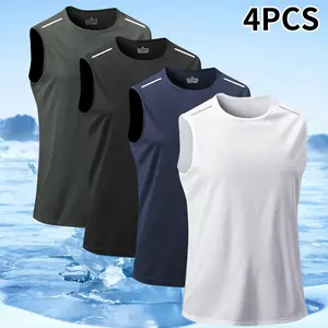 Set of 4 men’s sleeveless tank tops made from breathable, lightweight fabric, designed for sports activities. Featuring quick-dry performance and a crew neck, suitable for gym training and fitness workouts.