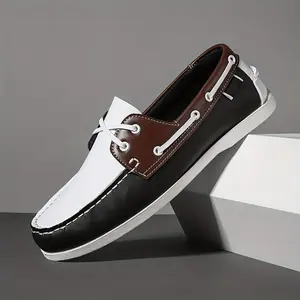 [Retro Boat Shoes] Retro British Style Men's Lace-Up Boat Shoes |         EVA Cushioned Sole, All-Season Comfort, Black & White Colorway for Casual & Formal Wear, Nautical Accessories