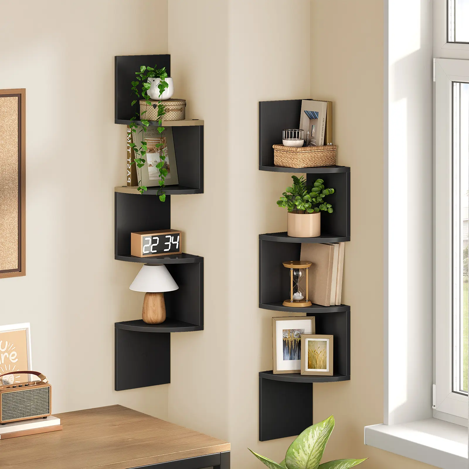 HOOBRO Snake Floating Corner ShelvesSet of 2, 4-Tier Wall-Mounted Corner Bookshelves for Living Room, Bedroom, Bathroom, Home Office Decor