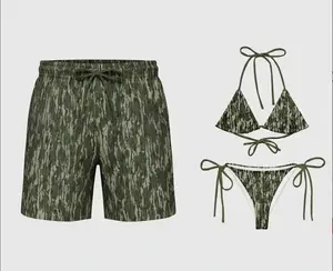 Couple Matching Camo Swimwear Set – Women's Tie Bikini & Men's Drawstring Beach Shorts