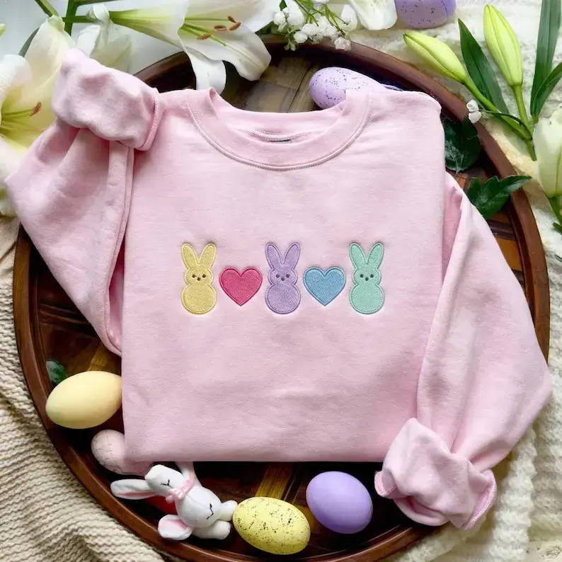 Embroidered Easter Bunnies Sweatshirt, Pastel Bunny Crewneck, Spring Easter Outfit Pullover, Easter Gift Shirt, Easter Family Matching Sweatshirt,Bunny & Heart Design, Cozy Easter Holiday Pullover, Aesthetic Spring Outfit Gift for Women Friends Family