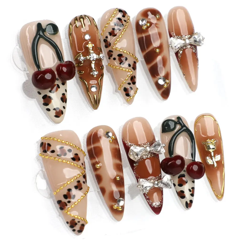 MuseMoodNails PG33 33mm Stiletto Acrylic Press-On Nails Multi-Pack, Handmade Cherry Mocha Gel Nails with Decorative Cherries & Bow Accents, Easy-to-Apply for Chic Casual & Party-Ready Manicures, Handmade Press On Nails