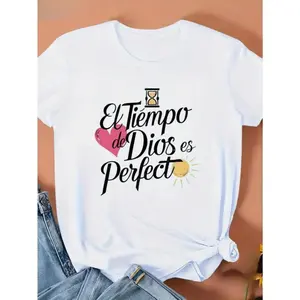 Women'S Casual T-Shirt With Inspirational Spanish Quote "El Tiempo De Dios Es Perfecto" - Round Neck, Short Sleeve, Breathable & Comfortable For Spring/Summer, Loose Fit, Perfect For Daily Wear Or Summer Parties Top Crewneck Tshirt Top Top Top Top