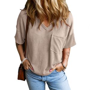 EVALESS Women's Oversized Summer T Shirts Tops V Neck Short Sleeve Ribbed Knitted Casual Loose Fit Blouses with Pocket 2026 Womenswear Outfits Summervibes  Deals For You Days