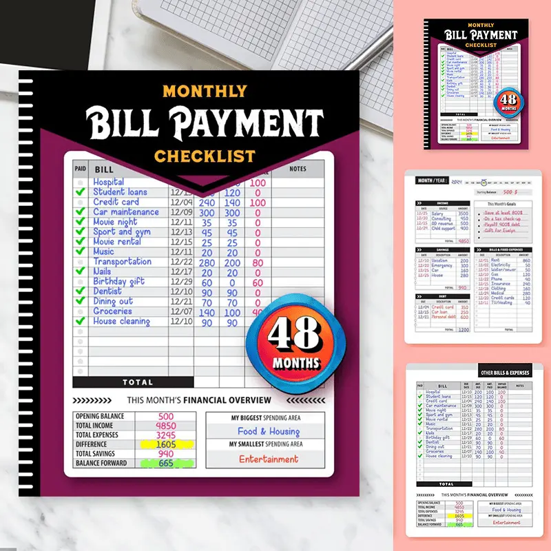 Bill Organizer Planner - Wirebound Paperback Notebook, 960 Records for 4 Years, Monthly Planner, Bank Tracking, Debt Payoff Planning, Expense Log, Durable Office Stationery for Financial Overview & Budgeting