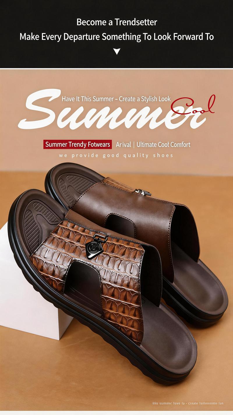Men's Vegan Leather Summer Fashion Sandal & Stylish Slipper with Mixed-Texture Design | Quick Dry Sandals with Anti-Slip Sole | Beach Shoes for Men & Beach Casual Wear | Outdoor Beach Shoe, Outdoor Sandal for Indoor Use & Outdoor Entertainment