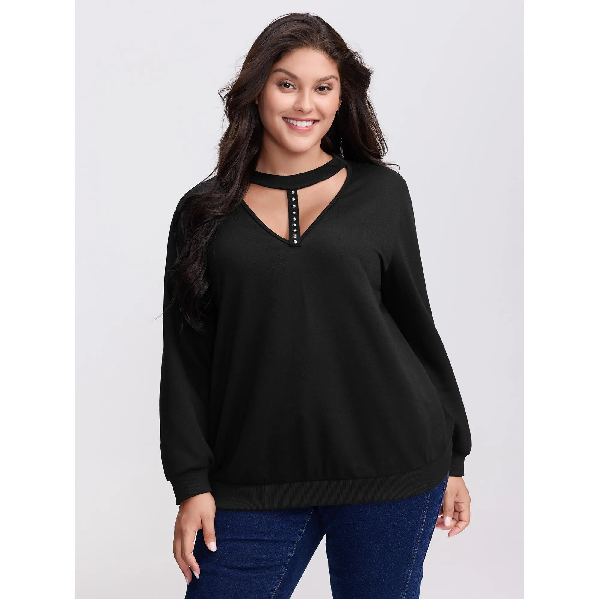 【 Comfy Chic】Bloomchic Choker Neck Cut-Out Sweatshirt Fit Fabric ,Summerfinds Fit Womenswear Tops