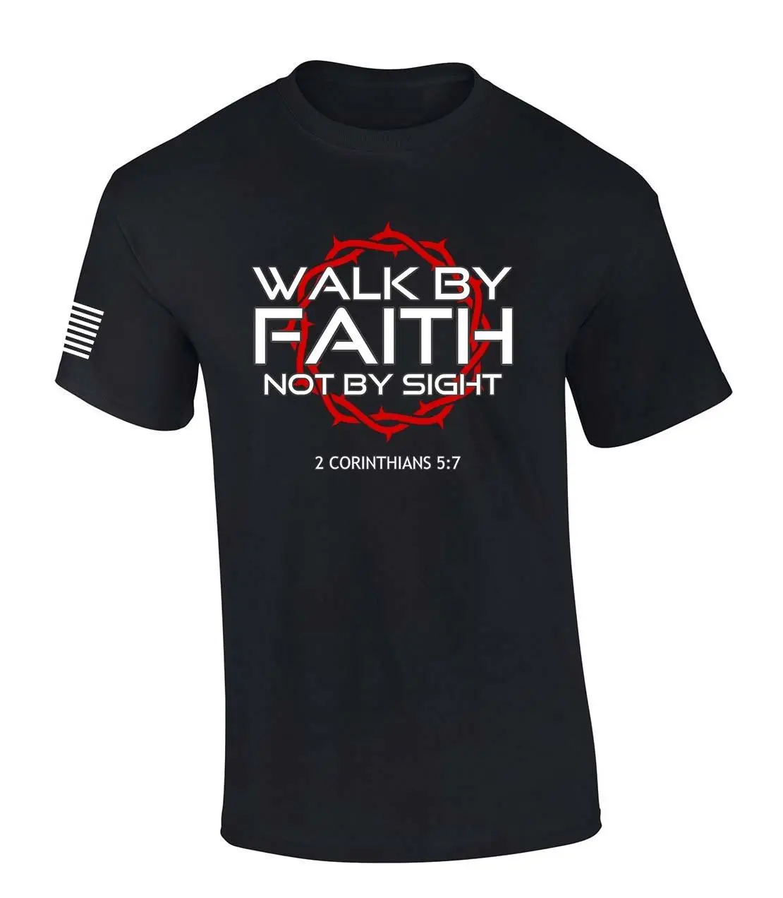 Mens Christian Shirt Walk By Faith Not By Sight 2 Corinthians 5:7 Scripture American Flag Sleeve T-shirt Graphic Tee Casual Menswear