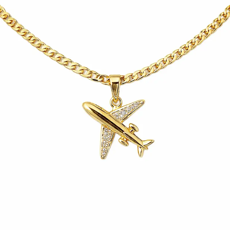 Cod 7038 Chain with Plane Pendant Gold-Toned Necklace 20 Inches Long Unique Charm Jewelry Accessory Modern Stylish Design