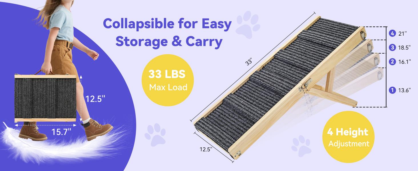 2026 Upgraded Dog Ramp for Couch, Foldable Small Dog Ramp for Low Bed, 4 Adjustable Height from 13'' to 21", Portable Stable Pet Steps with Non-Slip Pad, Pet Ramps Use for Sofa Couch Stairs