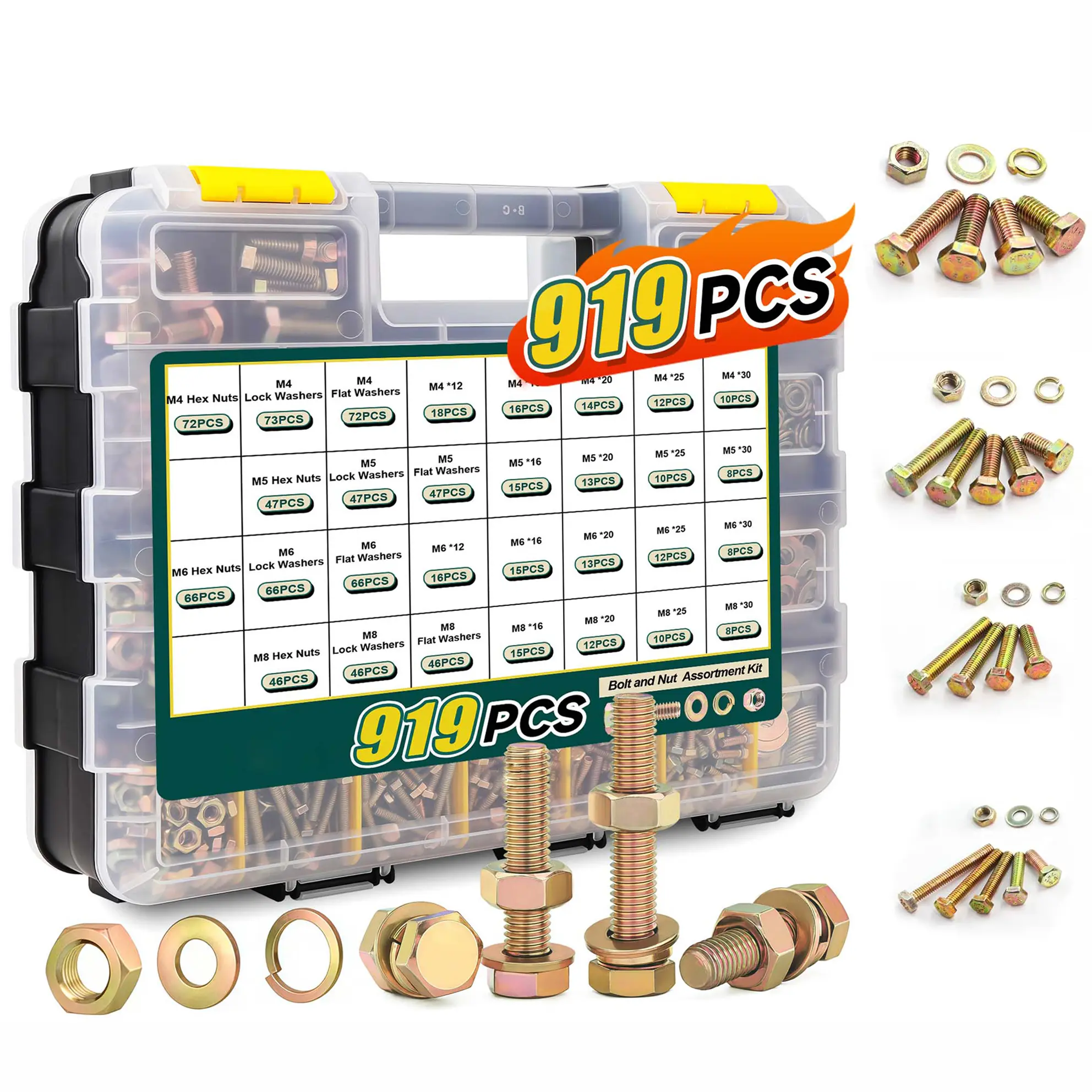 919-Piece Hex Bolt & Nut Assortment Kit, Grade 8.8 Alloy Steel Yellow Zinc Plated (M4-M8 Sizes: M4-0.7, M5-0.8, M6-1.0, M8-1.25) with Washers, High Hardness Heavy Duty, Dual-Sided Storage Case, Ideal for Home DIY & Professionals (Trucks, Metal Surfaces),,