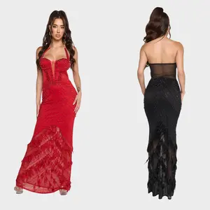 Rhinestone Corset Fringe Maxi Gown – Strap Mesh Bustier Dress with Lace Detail | Red & Black.