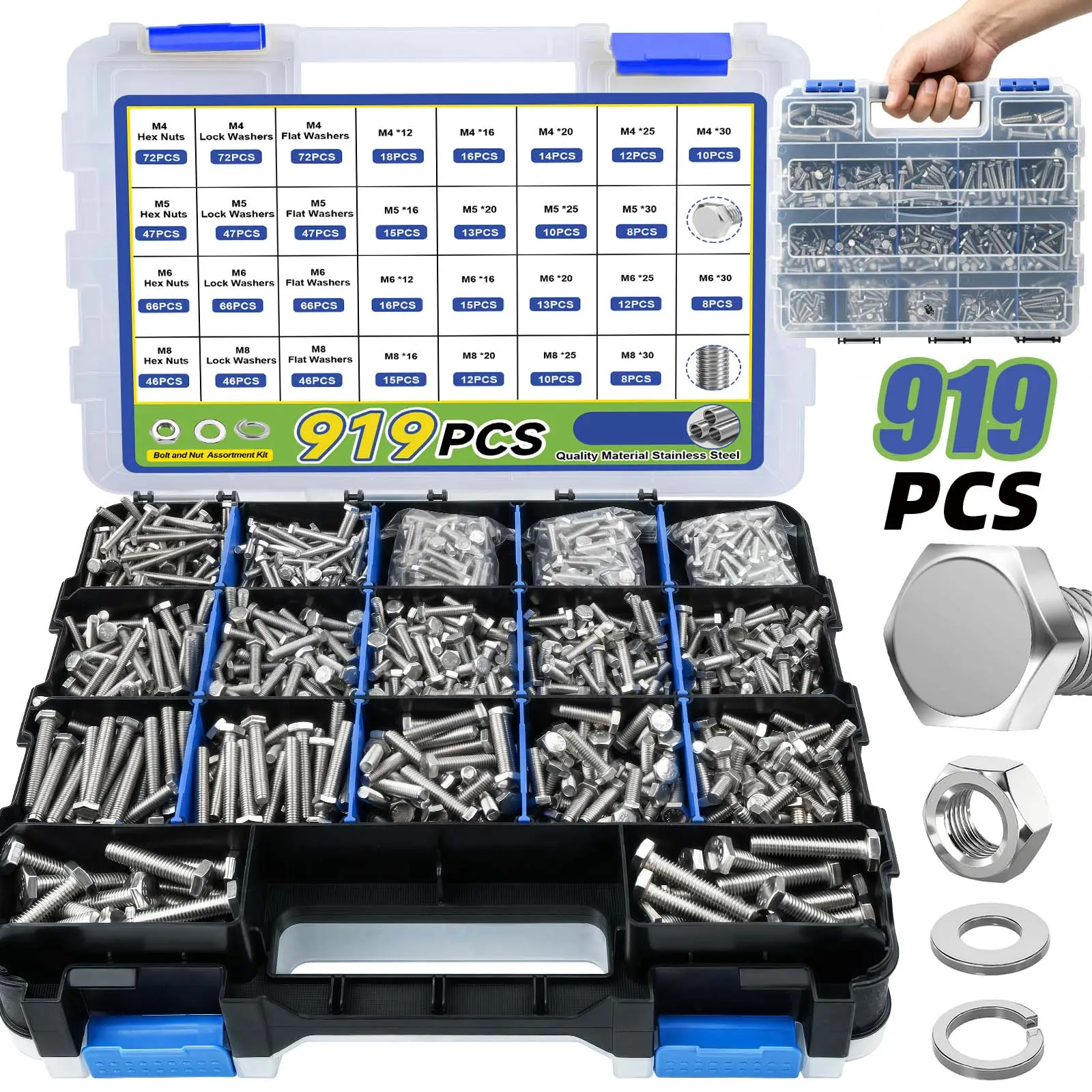919Pcs Stainless Steel Hex Bolts Assortment,M4, M5, M6, M8 Heavy Duty Bolts and Nuts Kit, Assorted SAE Bolts Nuts Flat&Lock Washers with a Double-Sided Tool Box, Suitable for Industrial, Home, And Use
