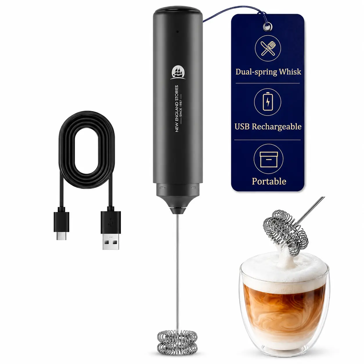 New England Stories Cordless Rechargeable Handheld Milk Frother, Dual-Whisk Electric Drink Mixer, Coffee & Tea Accessory for Foam Making, Portable & Powerful Kitchen Appliance, Cordless Milk Frother, Frother Handheld Rechargeable campingessentials